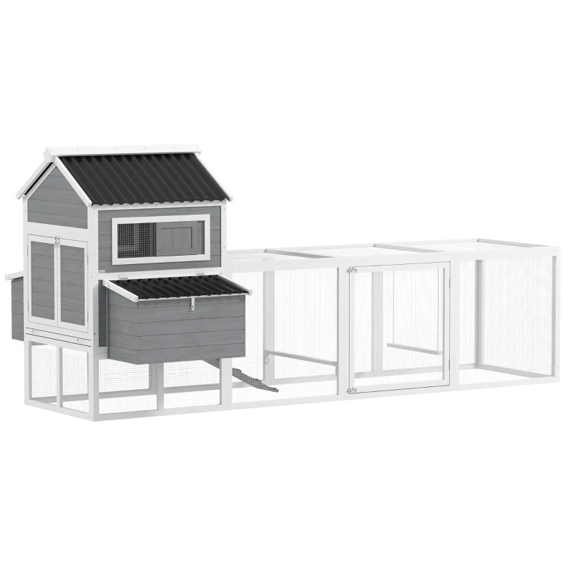 PawHut Galinheiro para Exterior Galinheiro de Madeira para 10-15 Galinhas com Baloiço Perchas Bandeja Removível e Rampa 315,5x150,5x140,5 cm Cinza