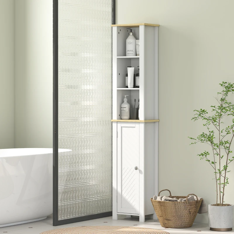 kleankin Slim Bathroom Storage Unit with Open Compartment, Bathroom Storage Cabinet with Adjustable Shelf, 34 x 23 x 165 cm, White