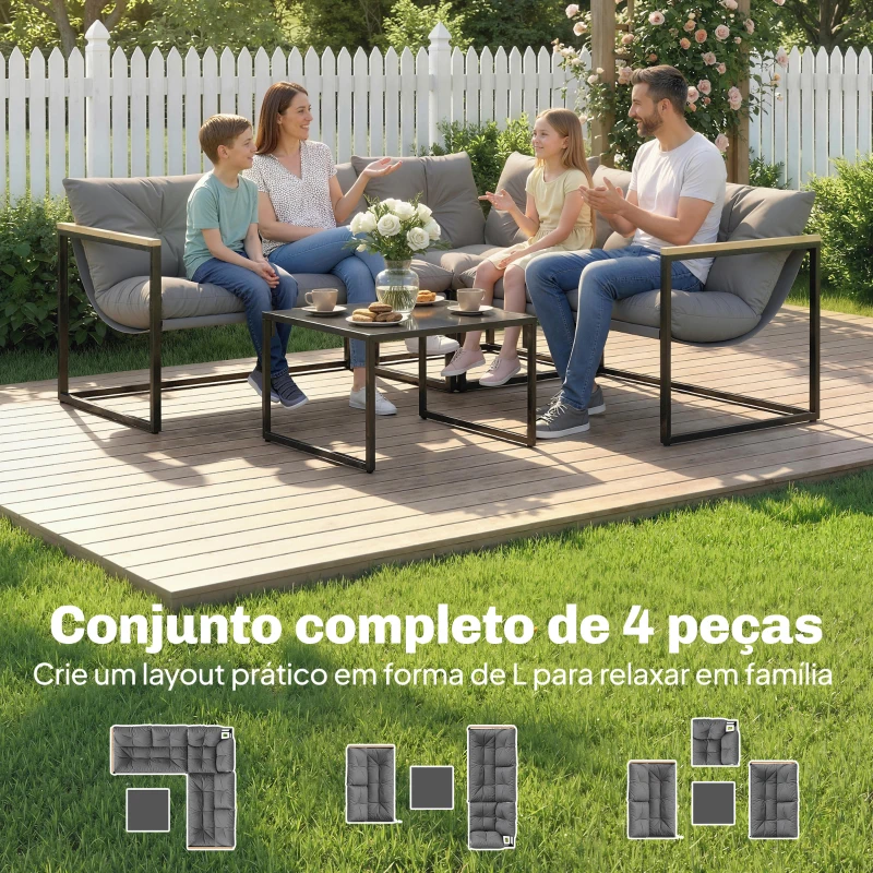Outsunny Conjunto de Jardim Exterior com Almofadas Espessas, 2 Sofás de 2 Lugares, Sofá de Canto e Mesa de Centro com Vidro, Cinzento