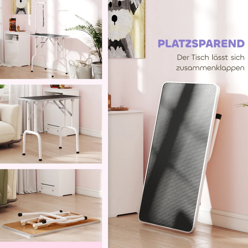 PawHut Trimmtisch für Hunde Hundepflegetisch mit Schlinge klappbar Stahlbeine rutschfest Tischplatte 81x48,5x80 cm Schwarz
