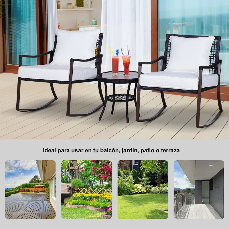 Outsunny Conjunto de Muebles de Ratán para Jardín Patio Hotel con Mesa Ø51x46 cm y 2 Sillas Mecedoras 65,5x76x82,5 cm con Cojines Lavables y Almohadas Blanco y Marrón