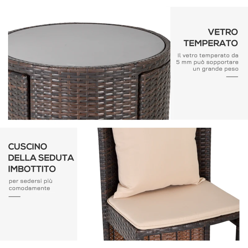 Outsunny Set Tavolino Sedie da Esterno e Giardino in Rattan Marrone e Beige