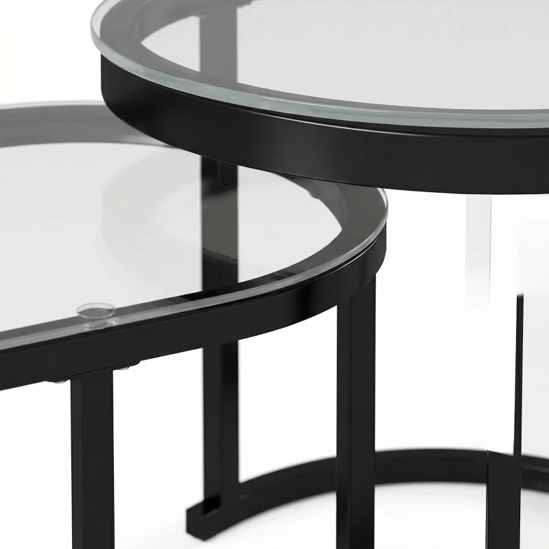 HOMCOM Nest of Tables with Steel Frame and Tempered Glass Tabletop, Modern Coffee Table Set of 2, Black