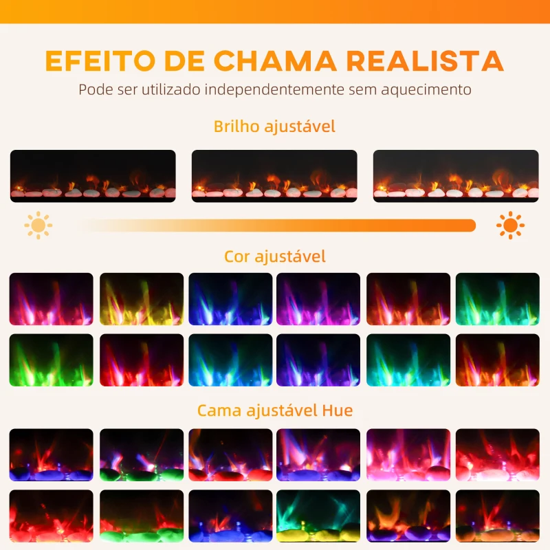 HOMCOM Lareira Elétrica Ultrafina de Parede e Embutir com Chama 3D Brilho/Velocidade Ajustável 12 Cores Pedras 900/1800W 106,7x9,4x47 cm Preto