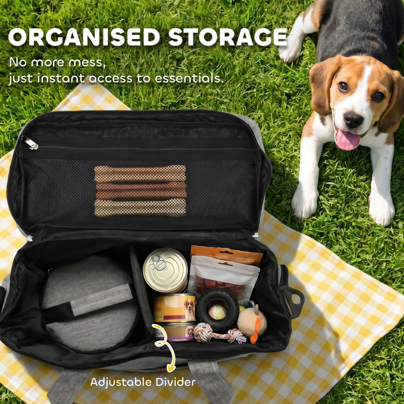 PawHut Dog Travel Bag, Waterproof Walking Bag with Multiple Pockets, Two Food Containers and Collapsible Bowl for Cat Puppy