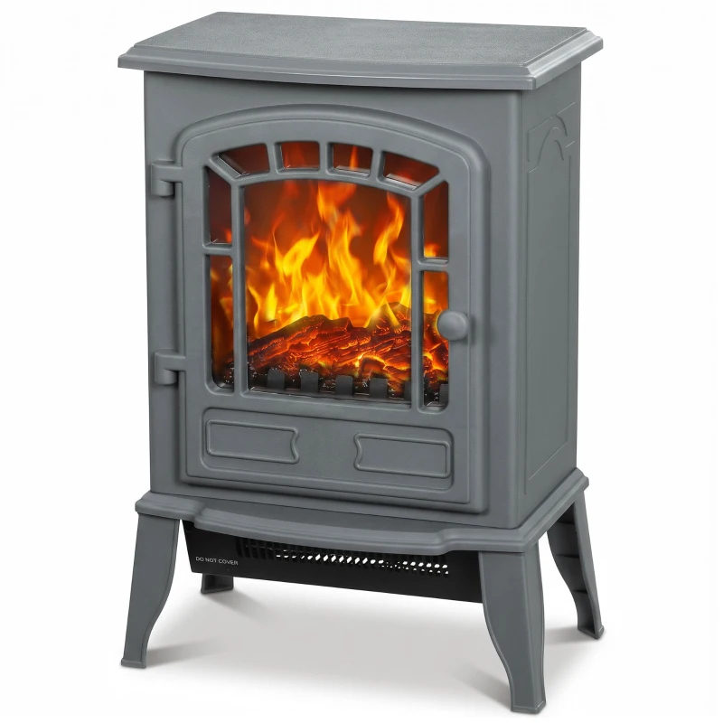 HOMCOM Electric Fireplace Stove, 1000W/2000W, Freestanding Electric Fire with LED Flame Effect, Adjustable Thermostat, Grey