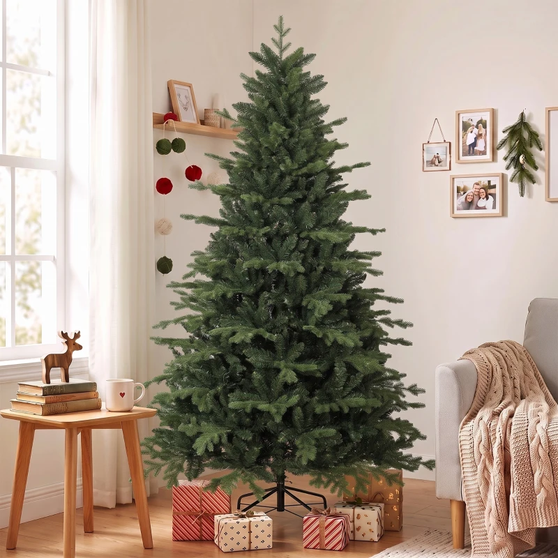 HOMCOM 7ft Artificial Christmas Tree with 2080 Realistic Tips, Hinged Xmas Tree with Wide Shape for Home Office, Green