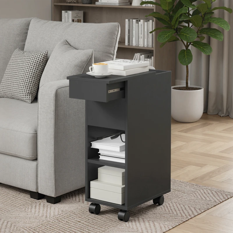 HOMCOM Mesa Auxiliar com Bancada Deslizante e Rodas Mesa Auxiliar com Armazenamento Oculto e Prateleira Ajustável 45x25x70 cm Preto