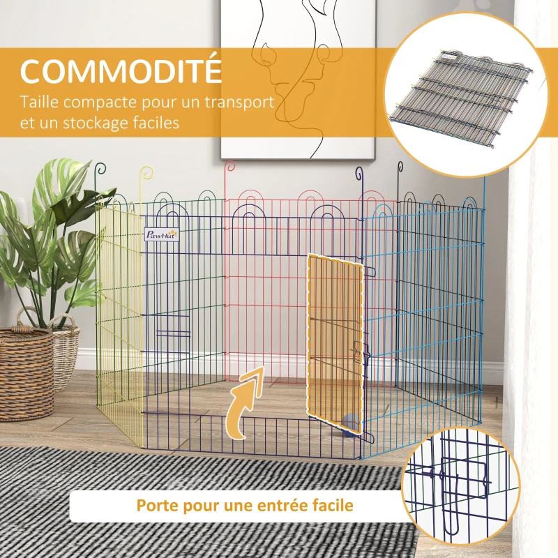 PawHut Enclos pliant en métal pour chiens lapins rongeurs petits animaux intérieur et extérieur 6 panneaux avec porte