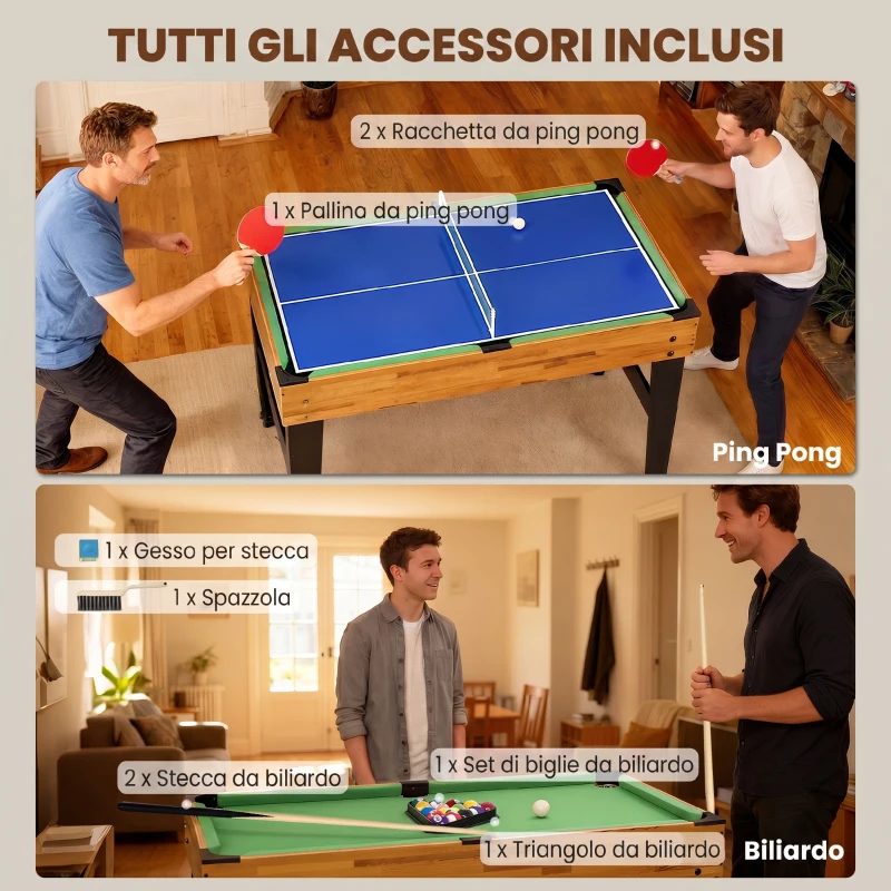 SPORTNOW Tavolo da Gioco 13 in 1 con Calciobalilla, Ping Pong, Air Hockey, Biliardo, Scacchi e Altri, Noce