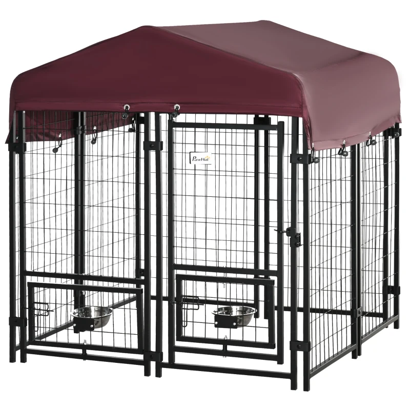 PawHut Chenil extérieur pour chiens parc à chiot avec toit en tissu oxford avec 2 supports de bol rotatifs 8 panneaux toit résistant aux intempéries 120 x 120 x 138 cm(m-11)