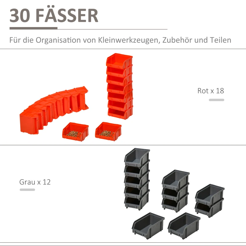 DURHAND Schappenrek, Opbergsysteem voor Werkplaats, 30 Dozen in 2 Maten, Stapelbaar, 63x18x37,5cm, Rood
