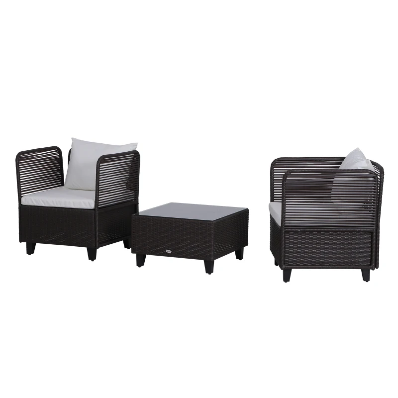 Outsunny Set Mobili da Giardino in Rattan 3 Pezzi 2 Poltrone Tavolino Piano in Vetro Struttura in Acciaio Marrone