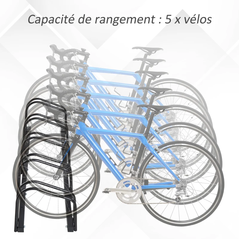 HOMCOM Râtelier 5 vélos range-vélos support rangement vélo à pneu 65 mm dim. 145L x 33l x 27H cm acier noir