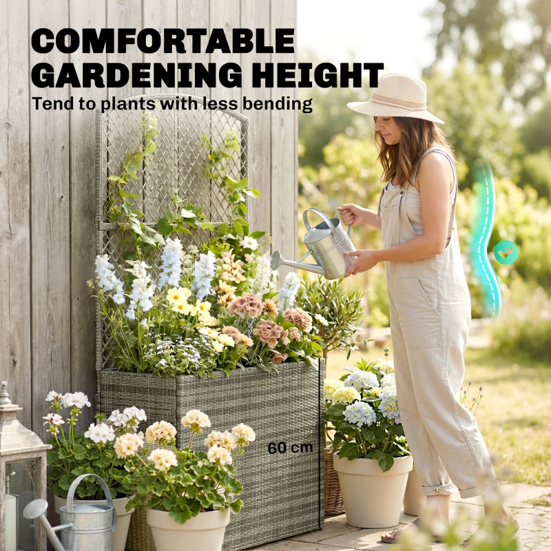 Outsunny Rattan Planter with Trellis, Raised Beds for Garden with Liner for Climbing Plants Vegetables Flowers, Dark Grey