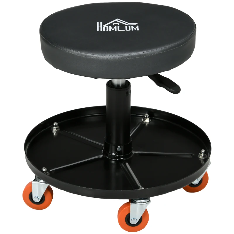 HOMCOM Rolling Mechanical Stool, Pneumatic Adjustable Workshop Stool with Tool Tray, Wheels - Black