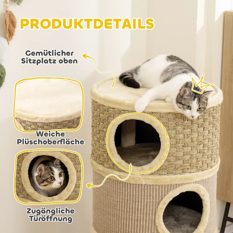 PawHut Krabton, 79 cm hoog, Ø45 cm, drievoudige krabton met sisaltouw, kattenhol, voor grote katten, Khaki+Bruin