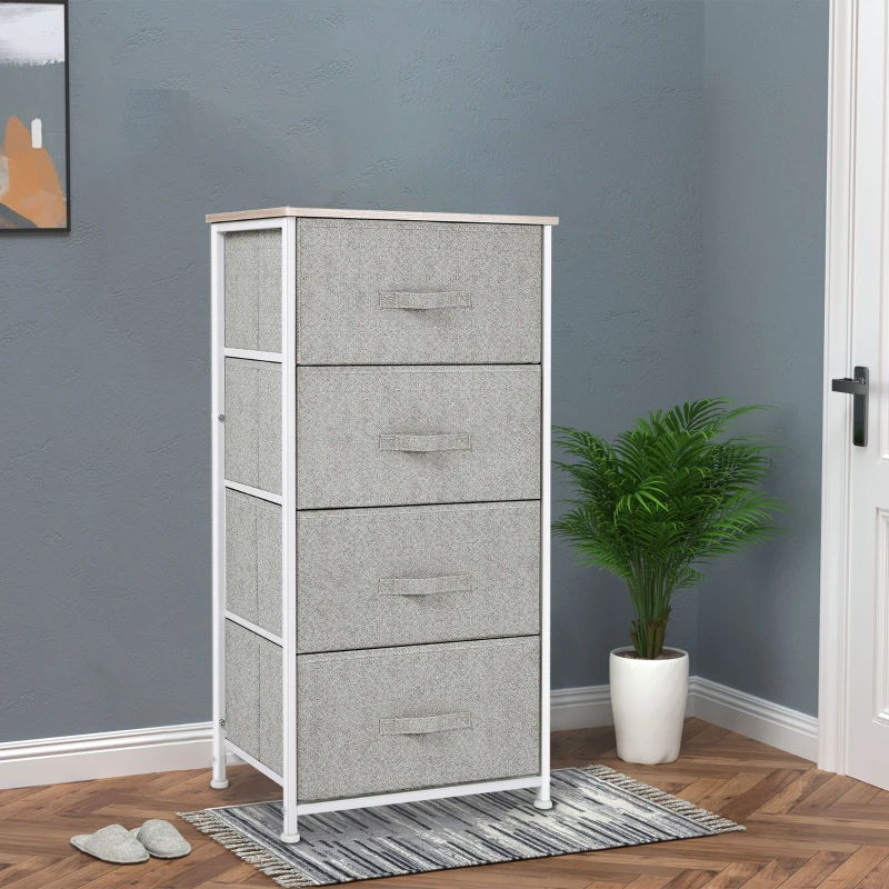HOMCOM Cómoda con 4 Cajones de Tela, Cómoda para Dormitorio, Marco de Acero, Cajonera para Salón, Oficina, Vestidor, Gris