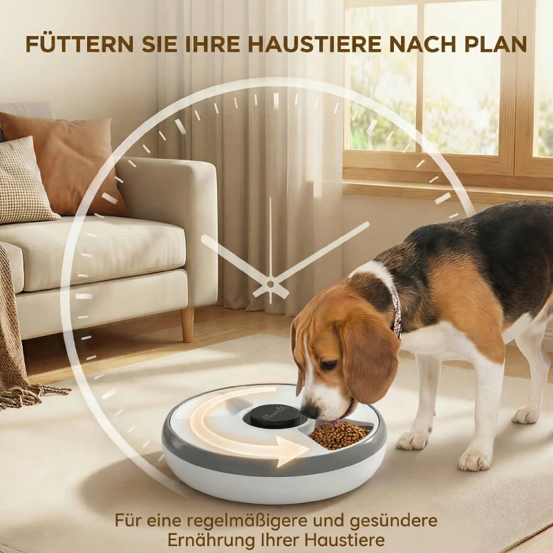 PawHut Futterautomat, automatischer kabelloser Futterspender mit Timer bis zu 6 Mahlzeiten, LED-Display, Kühlakku Grau