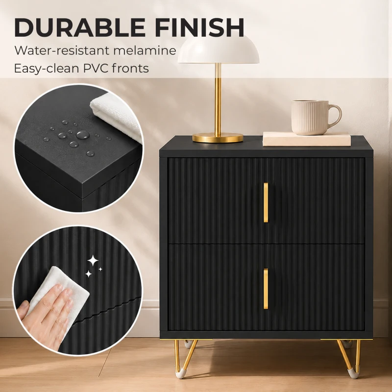 HOMCOM Elegant Fluted Bedside Table - Black/Gold-Tone