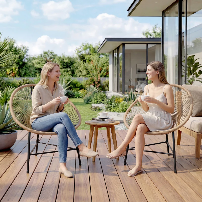 Outsunny Conjunto de 2 Sillas Acapulco de Jardín de Ratán Sintético Sillas para Exterior con Estructura de Acero Natural
