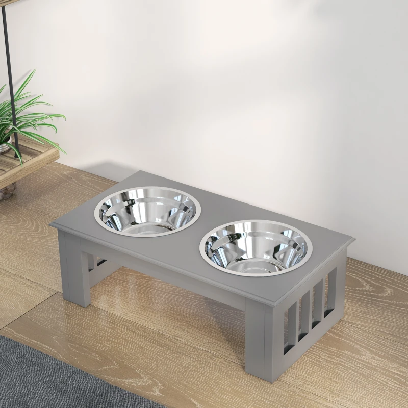 PawHut Hondenvoerstation, Antislip, 44x24x15cm, Grijs, 0,9L per Schaal