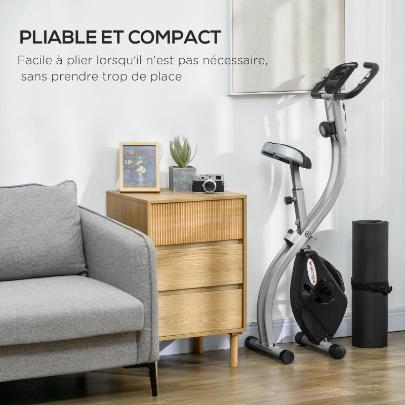 SPORTNOW Vélo d'appartement pliant, vélo de fitness, 8 niveaux de résistance magnétique, selle réglable, écran LCD, acier gris