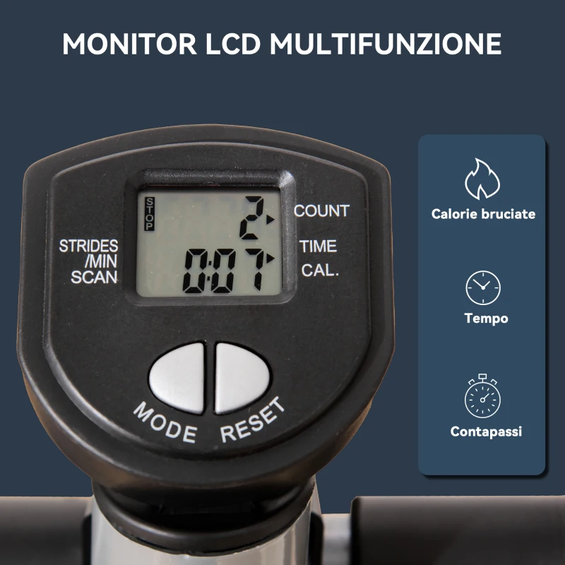HOMCOM Stepper con Monitor LCD, Manubrio Regolabile ed Elastici, in Acciaio e ABS, 55x53x118-128 cm, Nero e Argento