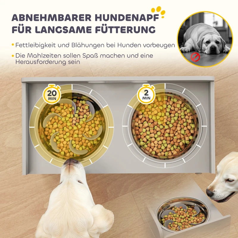 PawHut Verhoogd voerstation met 2 kommen en kast, MDF, roestvrij staal, botpatroon, grijs
