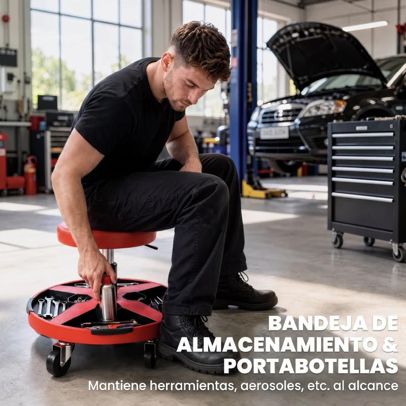 HOMCOM Taburete de Taller Móvil con Bandeja Altura Ajustable de 40-52 cm Carga 135 kg con Ruedas para Garaje Rojo