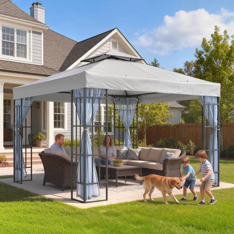 Outsunny 3 x 3(m) Patio Gazebo Canopy Garden Pavilion Tent Shelter with 2 Tier Roof and Mosquito Netting, Light Grey