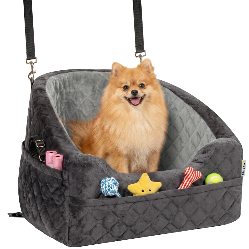 PawHut Dog Car Seat, Detachable Washable Dog Booster Seat with Thick Cushion, Seat Belt, Pockets for Small Under 10kg, Grey