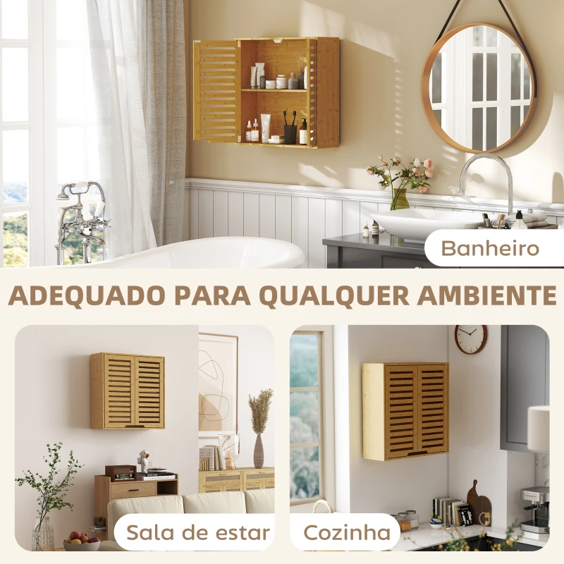 HOMCOM Armário de Parede de Bambu Móvel de Casa de Banho Suspenso com Prateleira Ajustável Portas de Ripas 60x20x60 cm Madeira