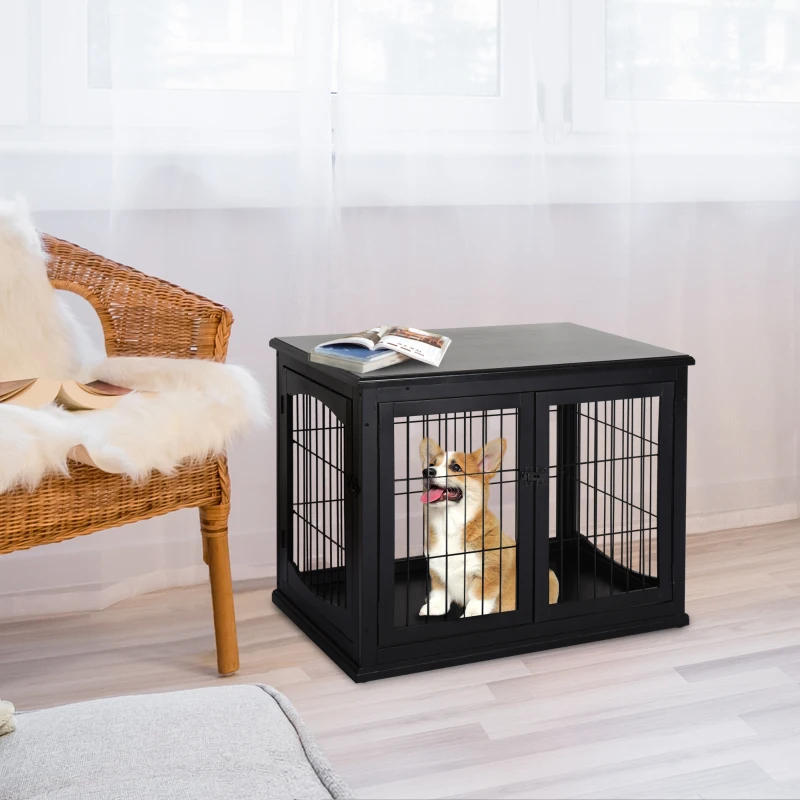 PawHut Cage pour chien animaux meuble cage chien intérieur en bois MDF classe E1 3 portes verrouillables max. 30 Kg dim. 81L x 58l x 66H cm noir