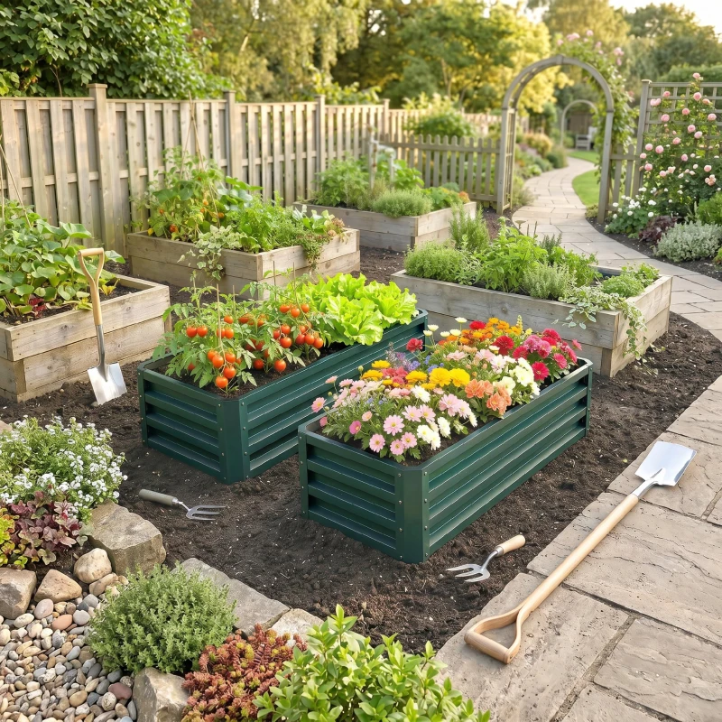 Outsunny Metalen verhoogde plantenbak 2-delig, open bodem, voor tuin en balkon, 110x50x30cm, groen(m-8)
