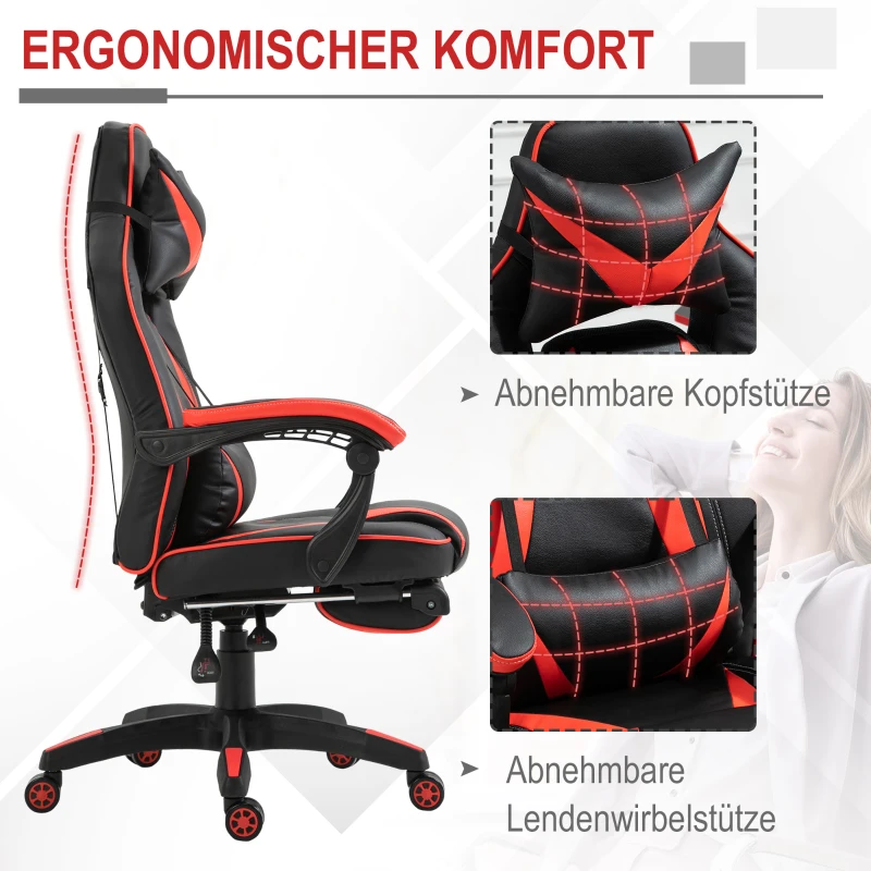 Vinsetto Bürostuhl Schreibtischstuhl mit Kopfkissen Fußstütze Drehstuhl Liegestuhl höhenverstellbar Kunstleder Nylon Schwarz+Rot 67 x 69 x 115-123 cm
