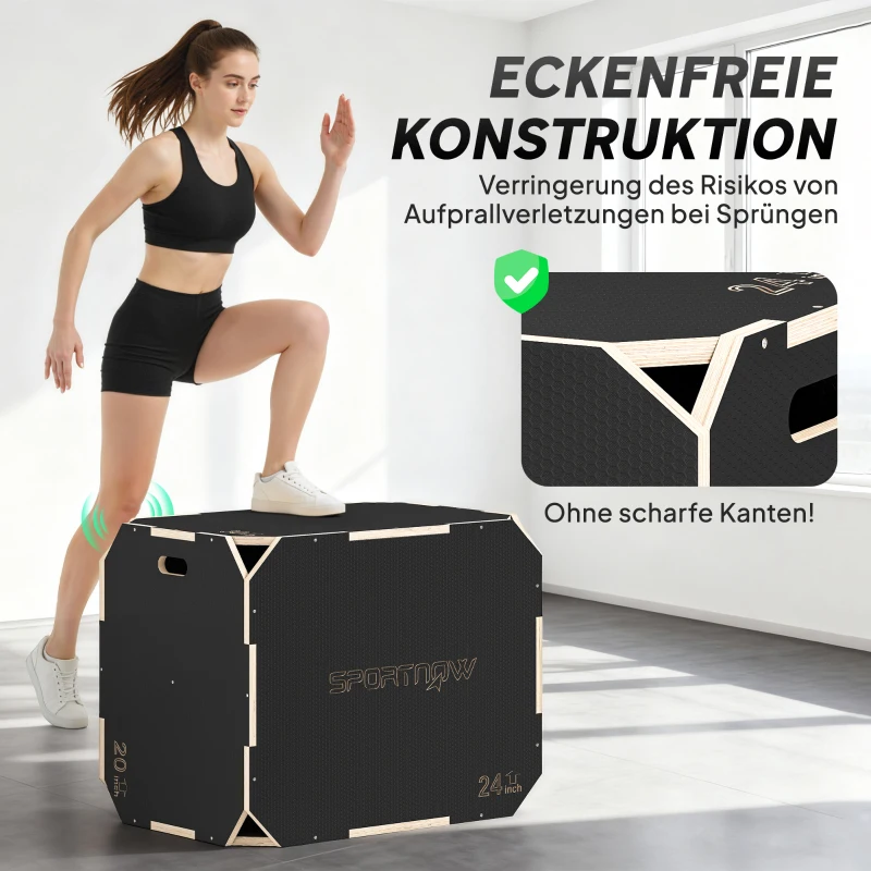 SPORTNOW 3-in-1 Plyo-Box, Sprungbox mit Griff-Öffnungen, für Home-Fitness und Outdoor-Workouts, 3 Sprunghöhen, Holz, Schwarz