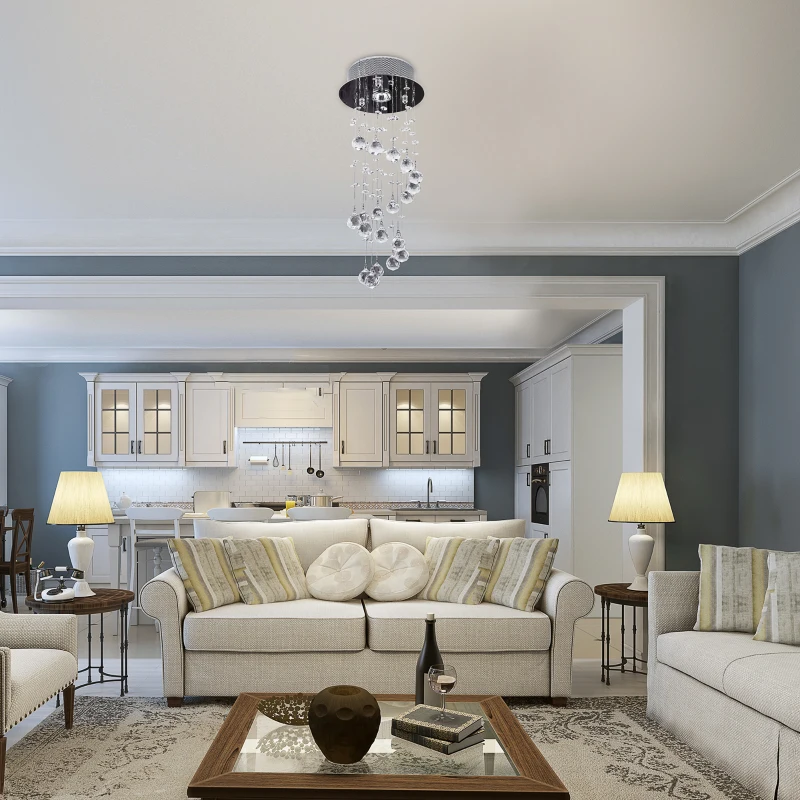 HOMCOM Metal Crystal Ceiling Light Chandelier Elegant Pendant Lamp Living Room Stairway Spiral Rain Drop Pendant Lamp Silver