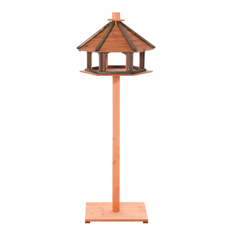 Outsunny Casa para Pássaros de Pé de Madeira Maciça Ø52x130cm com Teto Comedouro para Aves Silvestres para Exterior Jardim Natural