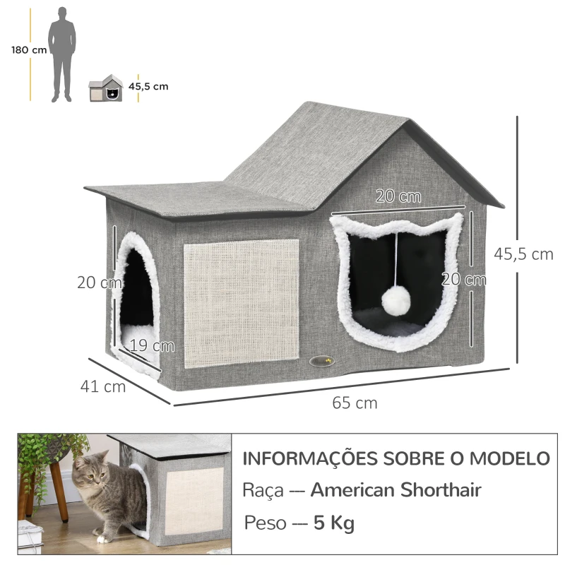 PawHut Casa para Gatos com Almofada para Arranhar almofada Macia e Bola Suspensa 65x41x45,5 cm Cinza