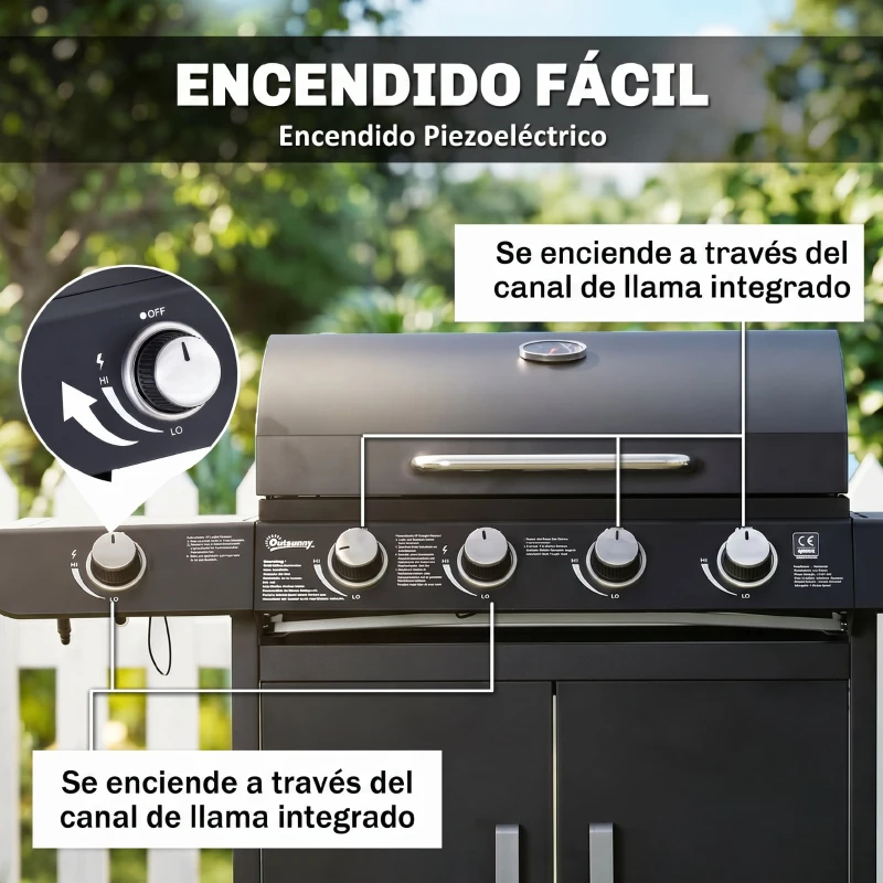 Outsunny Barbacoa de Gas con 4+1 Quemadores 14,4 KW Mesas Laterales Armario de Almacenaje Termómetro y 2 Ruedas Acero Inoxidable BBQ 125x51x100 cm Negro