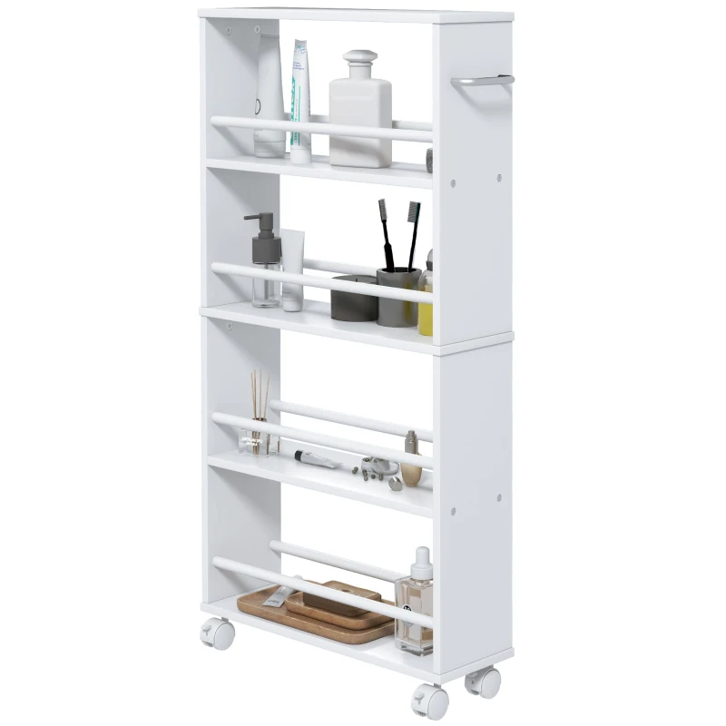HOMCOM Multifunctioneel rek op wielen, slank ontwerp, 4 vakken, 45x15x91 cm, Wit