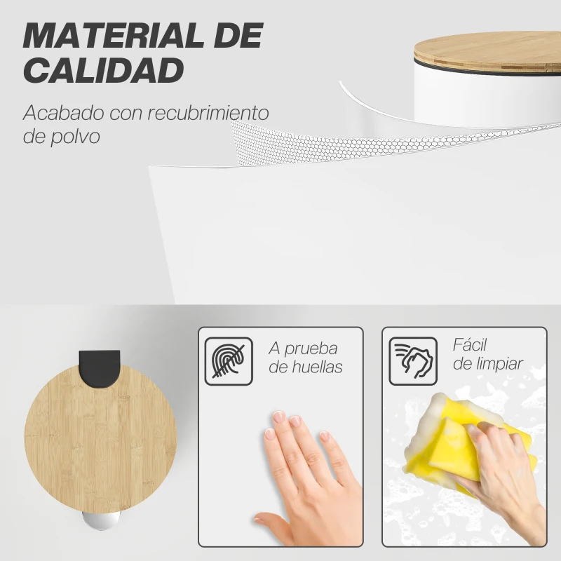 HOMCOM Cubo de Basura Cocina 30L con Pedal Tapa de Bambú de Cierre Suave y Cubo Extraíble para Dormitorio Oficina Salón Blanco