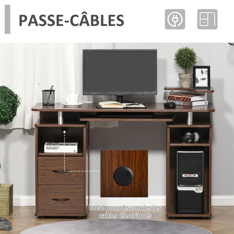 HOMCOM Bureau informatique étagères et tiroir, 120 x 55 x 85 cm, bureau d'ordinateur avec rangement support imprimant et clavier, table d'étude pour chambre, bureau, noyer