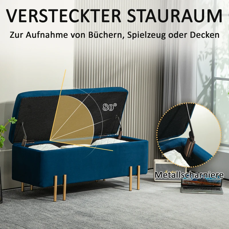 HOMCOM Gepolsterde bank met opbergruimte, metaal, rubberhout, schuim, 100 x 40 x 42 cm, donkerblauw