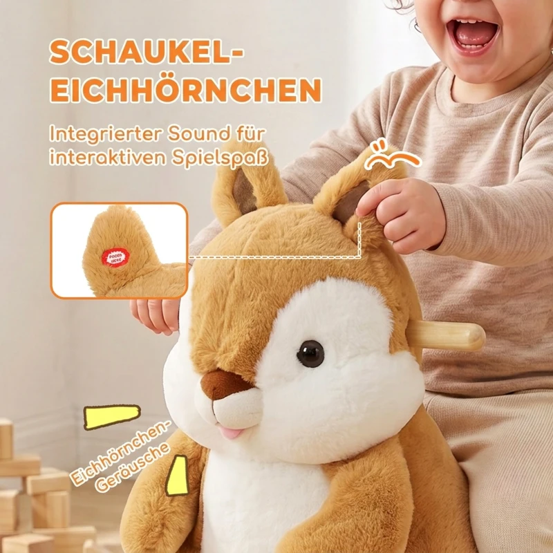 AIYAPLAY Schaukeltier im Eichhörnchen-Design Plüsch 58 cm mit Tiergeräuschen, Sicherheitsgurt und Stoppern 1–3 Jahre, Braun