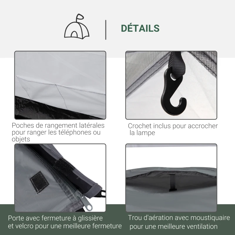 Outsunny Tente de camping 2-3 personnes tente dôme étanche légère ventilée 2 portes fenêtres fibre verre polyester PE gris