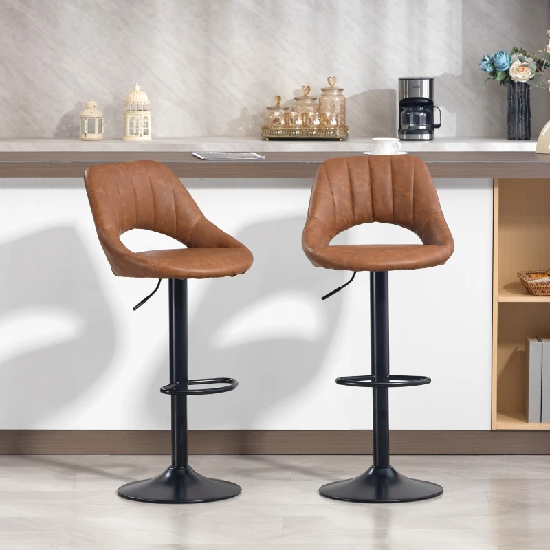 HOMCOM Bar Stools Set of 2, PU Leather Swivel Barstools with Backrest and Footrest for Kitchen, Counter, Breakfast Bar, Brown