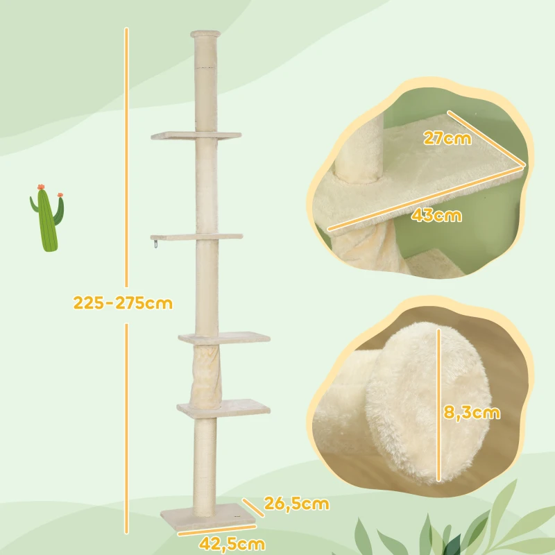 PawHut Krabpaal Plafondhoog, Verstelbaar 225-275 cm Kattenboom, Kattenkrabpaal met Krabpalen, 5 Platforms, Kattentoren voor middelgrote katten, Crèmewit