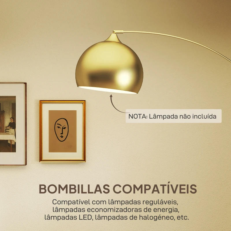 HOMCOM Candeeiro de Pé em Forma de Arco com Altura e Comprimento Ajustáveis com Interruptor de Pé 110-115x30x170-180 cm Dourado e Preto